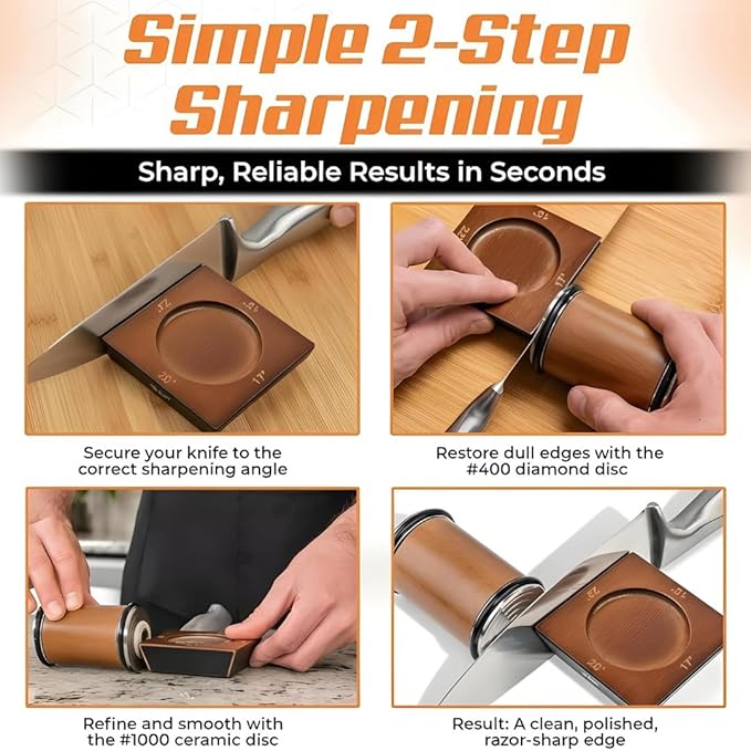 4 Angles High Carbon Stainless Steel Rolling Knife Sharpener with 400, 1000 & 3000 Replacement Discs - Blunt Knife Sharpening Kit with 15°, 18°, 20°, and 22° Sharpening for Kitchen & Chef's Knives