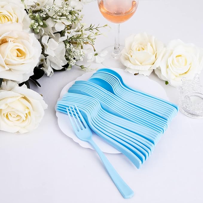 WDF 160 Piece Blue Plastic Silverware - Heavy Duty Blue Silverware Includes 80 Forks, 40 Spoons, 40 Knives, Disposable Plastic Utensils Perfect for Wedding, Graduation, Party,Easter