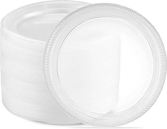 PLASTICPRO 480 Pack Clear Plastic Plates 9 Inch Bulk Pack Durable Disposable Plastic Dinner Plates for Parties Events BBQ
