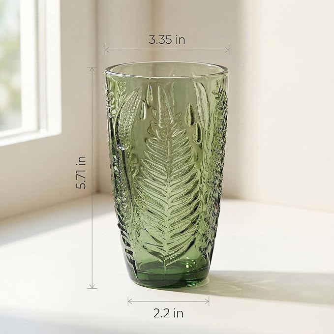 Vintage Green Drinking Glass, 16 oz Hand-Pressed Deep Textured Glass Cup, Fern Embossed Retro Glassware, Decorative Tumbler for Water, Cocktails & Juice, Boho Colored Kitchen Drinkware, Unique Gift