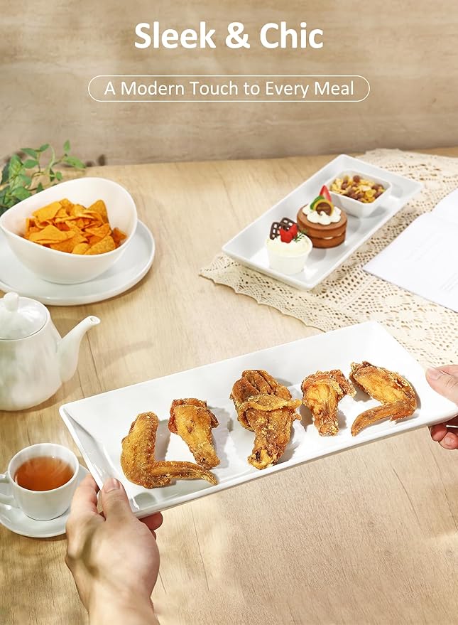 Yedio 14” White Porcelain Serving Platters, Elegant Large Rectangular Plates Trays for Dinner Parties, Appetizers, Sushi, Desserts & More, Microwave & Dishwasher Safe, Set of 4