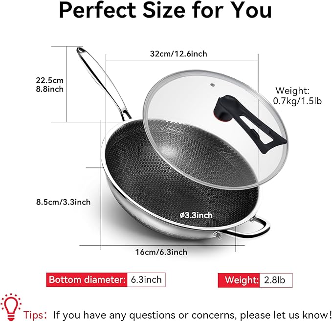 WANGYUANJI Honeycomb Stainless Steel Wok Pan with Lid, 12.6 Inch Hybrid Nonstick Stir Fry Pan Flat Bottom, PFOA-Free, Induction Compatible, Dishwasher Safe, No Seasoning Needed (Serves 3-4)