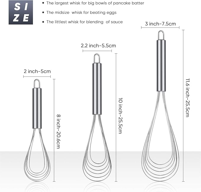 Patelai 3 Pieces Stainless Steel Kitchen Flat Whisk Set Stainless Steel Flat Wire Egg Utensils Whisk for Cooking Blending Whisking Beating(8 Inch,10 Inch,11.6 Inch)