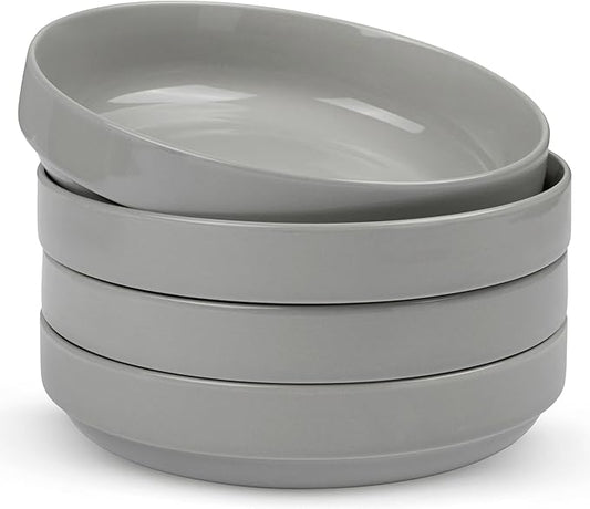KooK Ceramic Large Pasta Bowls, Microwave and Dishwasher Safe, Great for Soups and Salads, Shallow Serving Bowls, Glossy Porcelain, 47 oz, Set of 4, Powder Grey