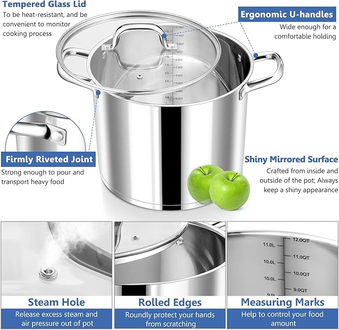P&P CHEF 12 QT Stock Pot with Lid, Stainless Steel Large Cooking Pot, Soup Canning Stockpot for Stewing Simmering, Tri-ply Bottom for All Stoves, Heavy-Duty &Dishwasher Safe & Food-Grade