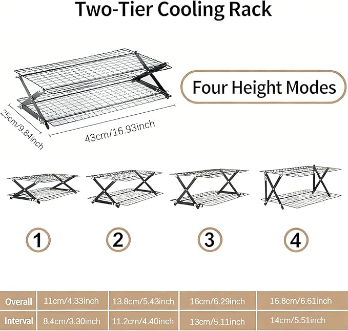 Collapsible Cooling Rack with Adjustable 3 Setting, Wire Cooling Roasting Cooking Baking Drying Rack for Cookies Bread (2-Tier)