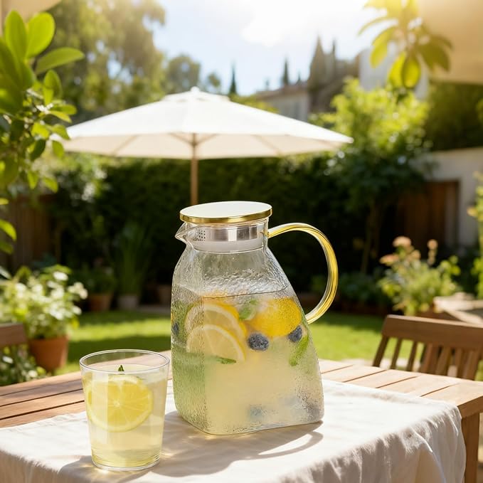 Glass Pitcher with Lid and Spout, 1.8 L/60 oz Clear Fridge Door Jug, Borosilicate Glass Bottle with Handle and Stainless Steel Lid, Hot & Cold Beverage Pitcher for Iced Tea, Coffee, Juice, Milk