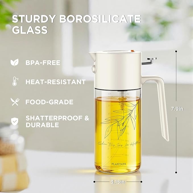 2Pcs 17oz Premium Olive Oil Sprayer for Cooking, 2 in 1 Glass Olive Oil Dispenser Bottle for Kitchen Gadgets, Spray Bottle with Portion Control for Salad, Frying, BBQ (Black & White)