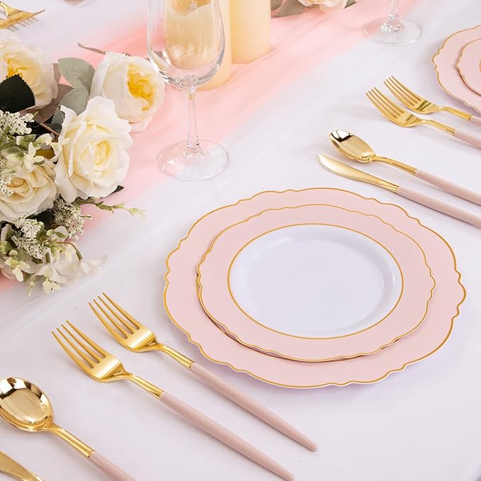 Rubtlamp 90Pcs Gold Plastic Silverware, Fancy Easter Utensils Set With Pink Handles Include 30 Gold Knives, 60Plastic Forks and Spoons, Pink Silverware Heavy Duty For Mother's Day