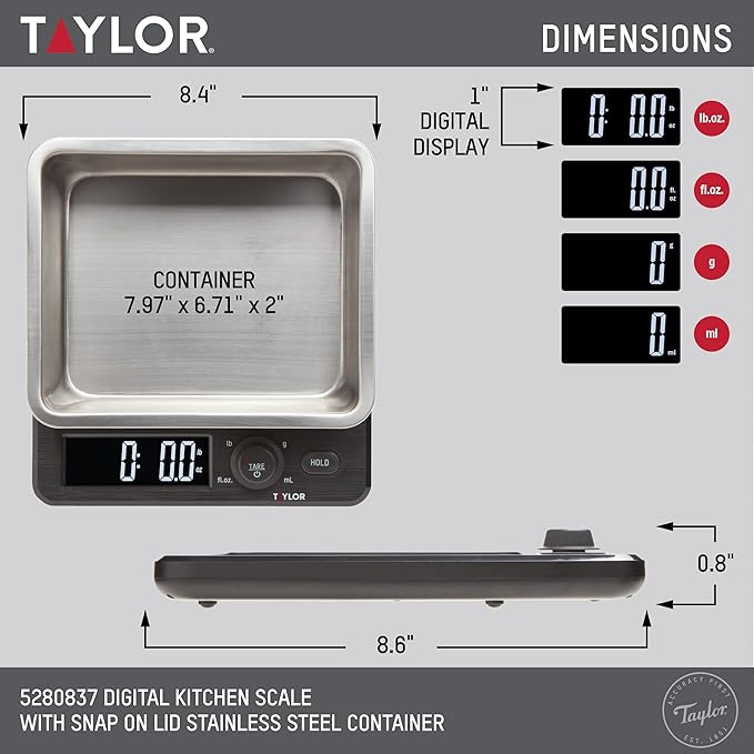 Taylor Digital Kitchen Scale with Dishwasher Safe Stainless Steel Container and Snap On, 22 pound capacity, Black