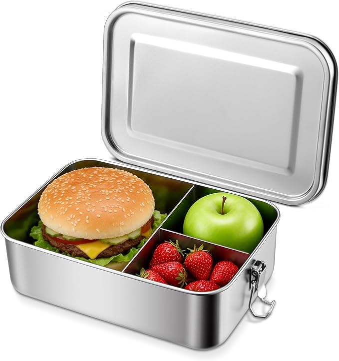 E-far Stainless Steel Bento Box, Large 2400ml Metal Lunch Box, 81oz Leak-Proof Lunch Food Container with Lids and Divider, Reusable Meal Storage for Camping Picnic Travel Work
