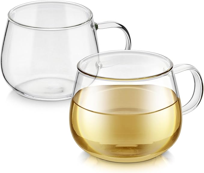 Teabloom Set of Two Premium Borosilicate Glass Tea Cups - 12 oz / 350 ml - Lead-Free, Stain-free and Microwave Safe - Blossoms Collection