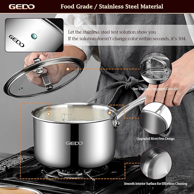 GEDO 3-Ply 304 Stainless Steel Saucepan with Lid, One-Piece Rivet-Free & Seamless Design, Angled Spout & Heat-Resistant Handle, Universal Stovetop Compatible for Indoor Cooking (7 In / 18cm Size)