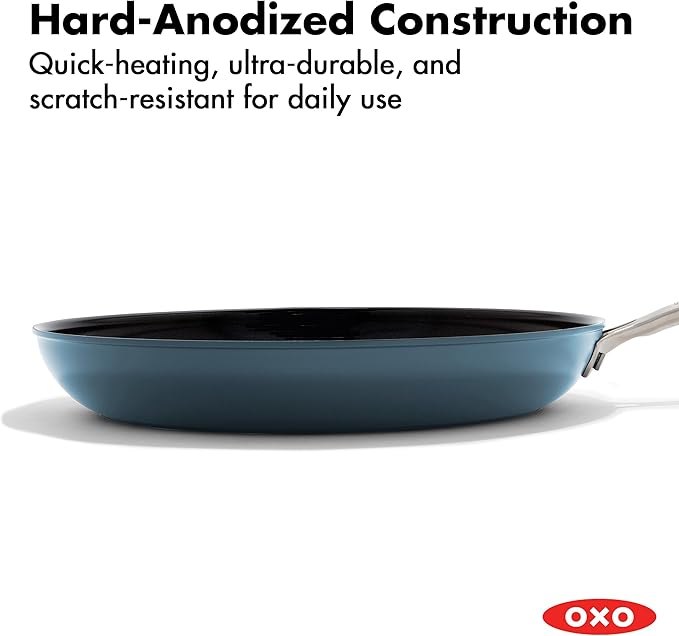 OXO Enhanced 12” Nonstick Frying Pan Skillet, Ceramic PFAS-Free Cookware, Durable Hard Anodized, Scratch Resistant, Stainless Steel Handle, Eggs & Omelets, Dishwasher & Oven Safe, Storm Blue