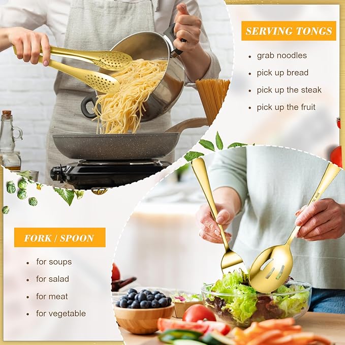 10 PCS 18/8 Gold Stainless Steel Heavy Duty Serving Utensils Set for Parties, Kitchen Serving Tools-Serving Spoons, Slotted Spoons, Serving Forks Tongs Soup Ladle, Cake Pie Server for Buffet, Wedding