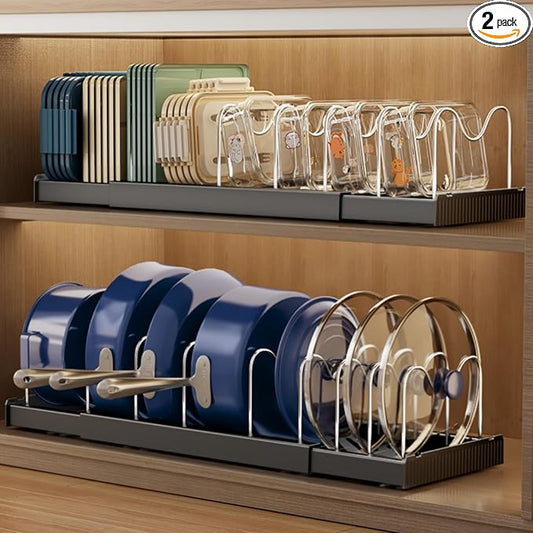2 Pack Expandable Food Storage Container Lid Organizers, 22" Pots and Pans Organizer Under Cabinet with 9 Adjustable Dividers Pot and Pan Lid Holders Rack Inside Cabinet(Black)