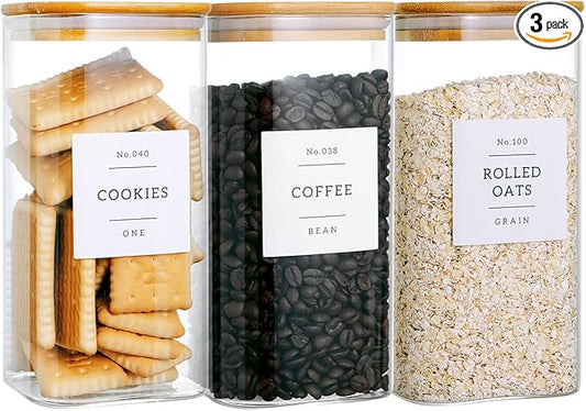 3 Pack Square Glass Kitchen Storage Jars with Airtight Bamboo Lids and 132 Pantry Labels - 54oz Glass Canisters with Wood Lids - Food Storage for Sugar, Rice, Pasta, Cereal