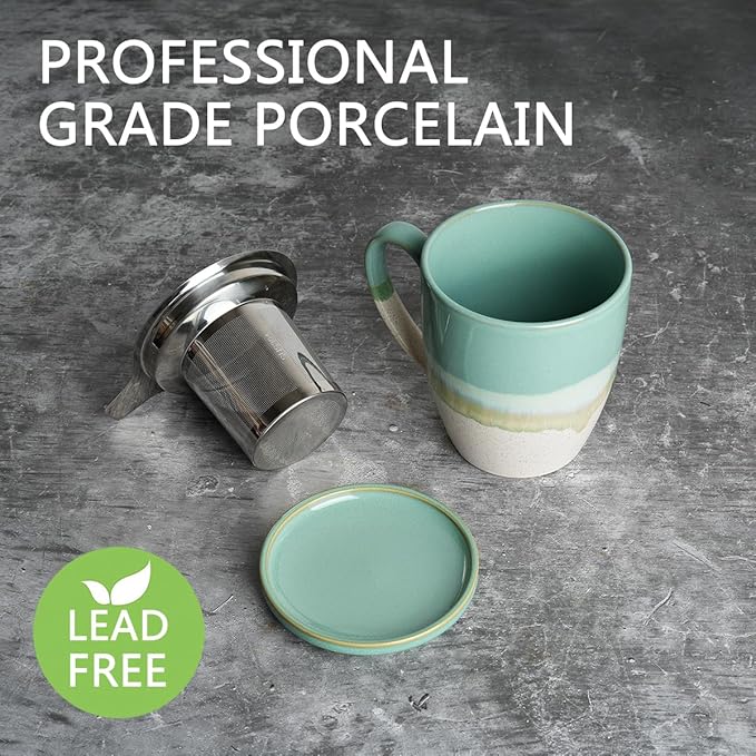 Bosmarlin Ceramic Tea Cup with Infuser and Lid, 16 Oz, 5 Colors to Choose, Dishwasher and Microwave Safe, Reactive Glaze, Steeping Tea Mug with Strainer (Mint Green)