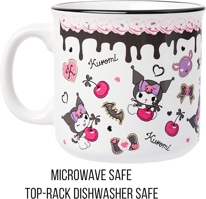 Silver Buffalo Sanrio Hello Kitty and Friends Kuromi Cherries and Black Hearts Ceramic Camper Mug, 20 Ounces