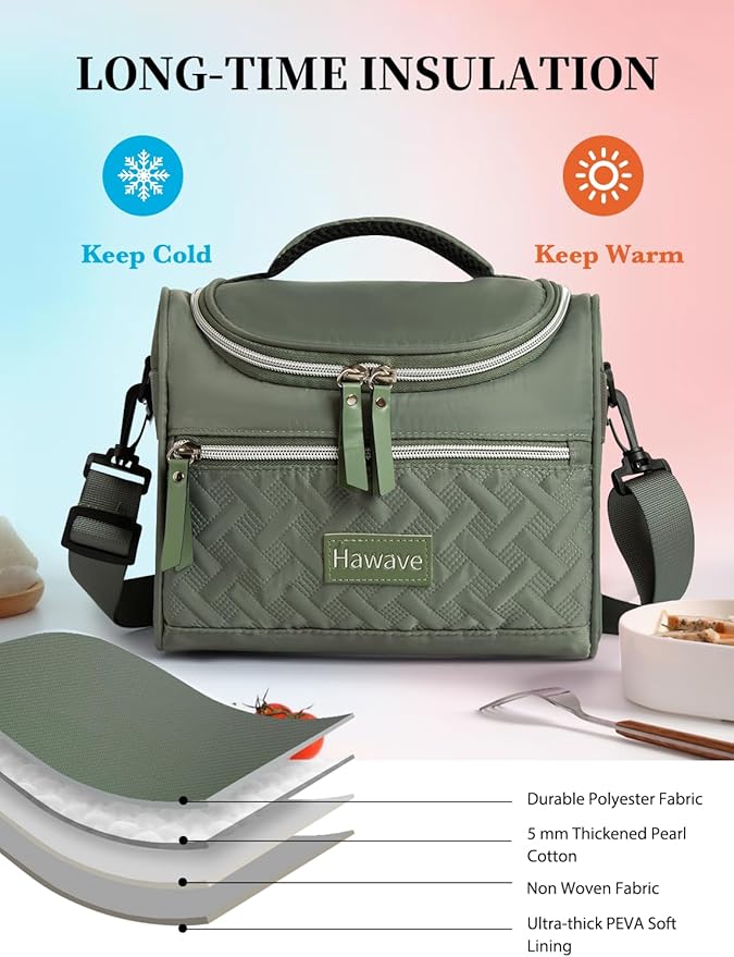 Lunch Bag for Women Men Adult Insulated Lunch Box, Leakproof Lunch Cooler Bag with Front Pocket & Adjustable Shoulder Strap, Reusable Large Lunch Tote Bag for Work Office Travel Picnic, Green