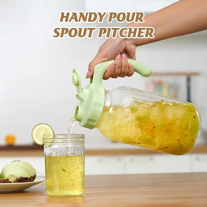 Soligt Glass Mason Jar Pitcher with Lid, Wide Mouth Flip Cap Pour Spout Leak-proof Lid with Handle, 64 oz (2 Quart / 1.9 Liter), for Iced Coffee/Sun Tea Juice/Cold Brew Coffee/Milk (1Pack, Tea Green)