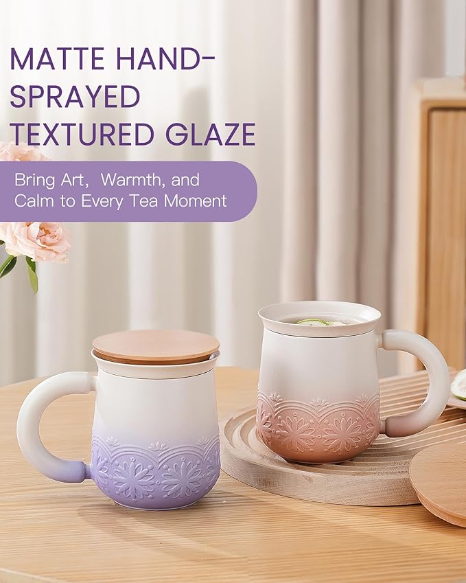 ZENS Tea Mug with Infuser and Lid for Loose Leaf Tea Steeper, 11 oz Embossed Ceramic Tea Cup with Strainers. Wood Lid Tea Diffusers Mugs for Collector's Mug Gifts, Pale Purple