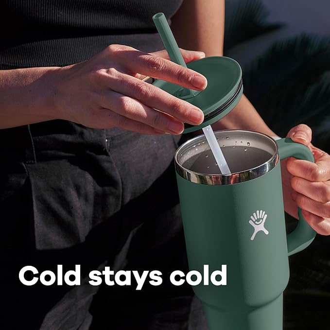 Hydro Flask Travel Tumbler with Handle, Lid and Straw - Insulated Stainless Steel in 32 Oz Agave