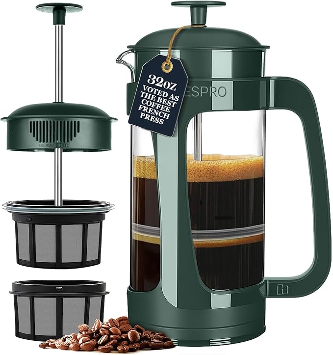 ESPRO P3 French Press Coffee Maker – Patented Double Micro-Filter for Grit-Free Brew, Heat Resistant Thicker Borosilicate Glass Coffee Press – Green (32 oz)