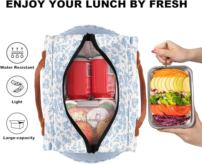 Joymee Lunch Bag Women Insulated Lunch Box Reusable Leakproof Large Spacious Cooler Tote for Women Men Adult with Bottle Holder and Side Pockets for Work Office Travel Picnic -Blue Floral
