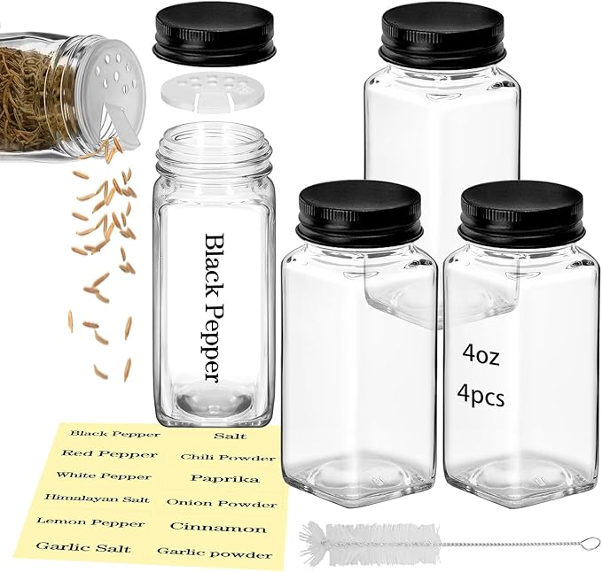 4Pcs 4 oz Square Glass Spice Jars with Label, Empty Containers with black iron Lids, Square Seasoning Containers Trial and Supplement Set, Small Seasoning Bottles for Salt, Herbs, Sugar, Pepper (4)