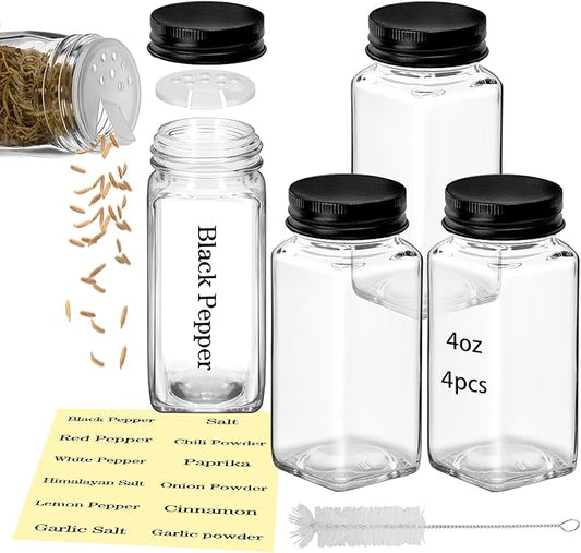 4Pcs 4 oz Square Glass Spice Jars with Label, Empty Containers with black iron Lids, Square Seasoning Containers Trial and Supplement Set, Small Seasoning Bottles for Salt, Herbs, Sugar, Pepper (4)