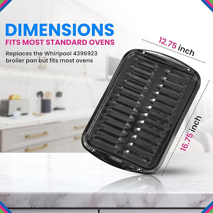 Broiler Pan for Oven Nonstick Porcelain Coated - 16.75” x 12.75” Whirlpool 4396923 Replacement Broiling Pan for Oven With Rack for High-Temperatures - Oven Broiler Pan Heats (Porcelain)