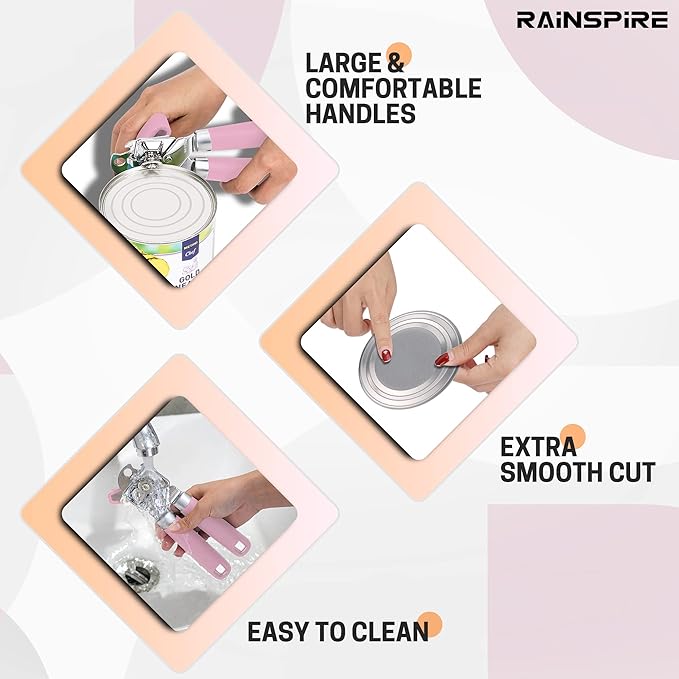 Rainspire Can Opener Manual Handheld Strong Manual Can Opener Smooth Edge Cut, Can Opener Heavy Duty, Comfortable Soft Handle, Built-in Bottle Opener, Pink