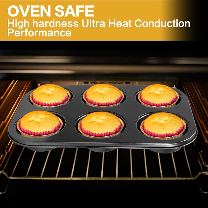 Jumbo Muffin Pan 6 Cup, 2-Pack Nonstick Extra Large Muffin Tin for Baking, Durable Non-Toxic Carbon Steel, 3.35'' Diameter, 1.77'' Deep Muffin Mold, Deep Cup Design