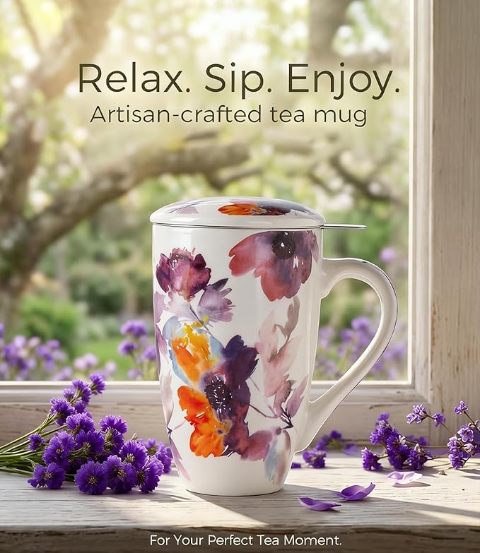 AmorArc Porcelain Tea Mug with Infuser and Lid – 18oz Loose Leaf Tea Cup with Handle, Gift for Tea Lovers (Men & Women)
