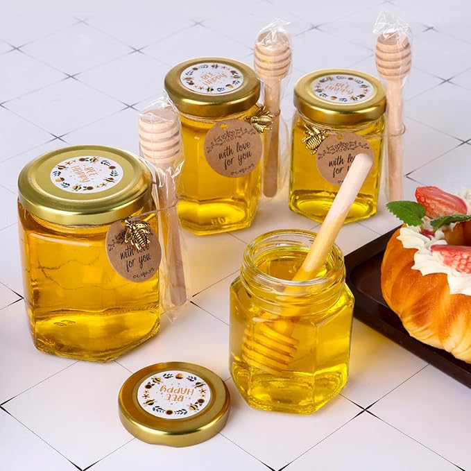 3 oz Mini Honey Jars with Dipper, 30 Pack Glass Hexagon Honey Jar for Baby Shower, Empty Glass Jars for Wedding Favors and Party