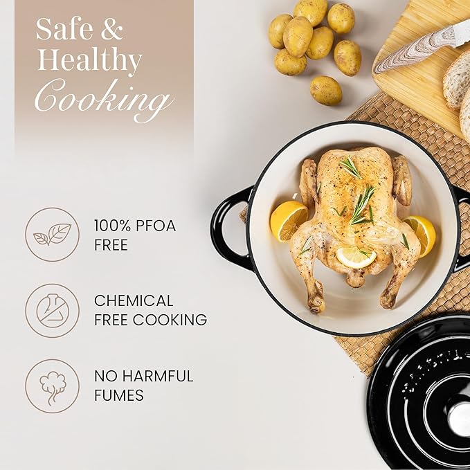 Cast Iron Dutch Oven with Lid – Non-Stick Ovenproof Enamelled Casserole Pot – Sturdy Dutch Oven Cookware – Black, 7.3-Quart, 30cm – by Nuovva