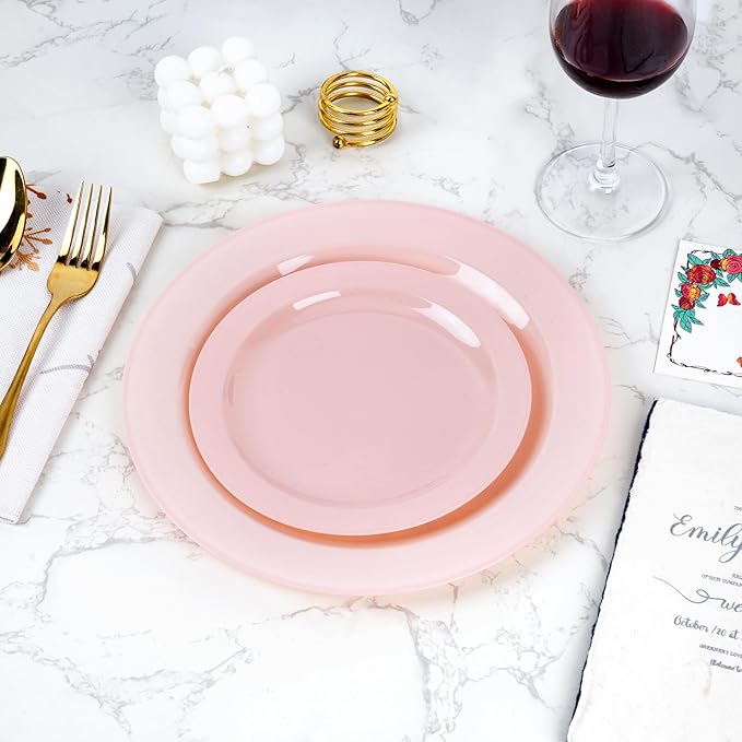 Moretoes 100PCS Pink Plastic Plates Disposable 10inch Dinner Plates and 7inch Dessert Salad Plates Heavy Duty Plates for Wedding Party and Birthday