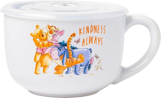 Silver Buffalo Disney Winnie the Pooh Kindness Always Featuring Eeyore, Tigger, and Piglet Ceramic Soup Mug with Vented Plastic Lid, 24 Ounces