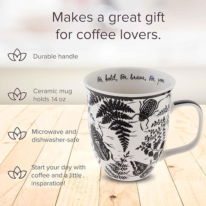 Karma Gifts 14 oz Black and White Boho Mug Beetle - Cute Coffee and Tea Mug - Ceramic Coffee Mugs for Women and Men