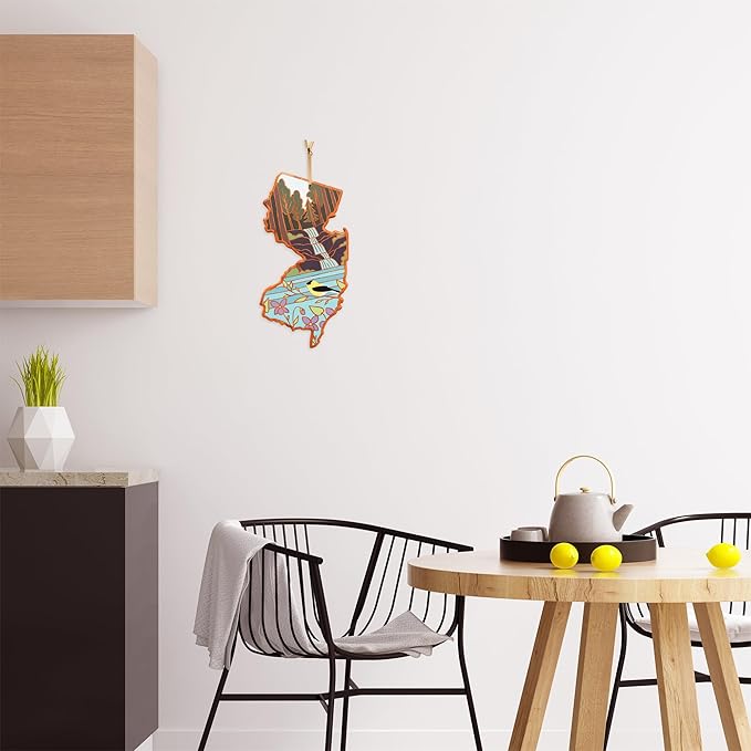 Totally Bamboo New Jersey State Shaped Cutting Board and Charcuterie Serving Platter with Artwork by Summer Stokes, Includes Hang Tie for Wall Display