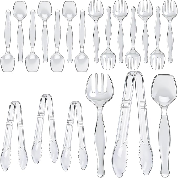 Plastic Serving Utensils, Clear Serving Spoons Set Including 4 Disposable Plastic Tongs 8 Spoons and 8 Forks Supplies for Catering, Entertaining and Parties