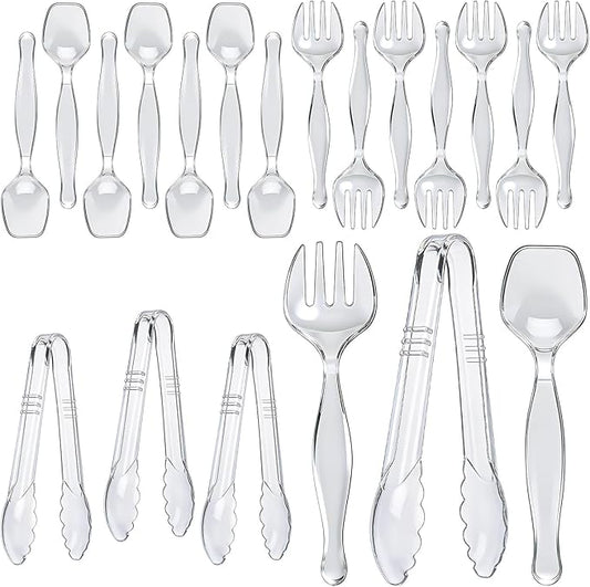 Plastic Serving Utensils, Clear Serving Spoons Set Including 4 Disposable Plastic Tongs 8 Spoons and 8 Forks Supplies for Catering, Entertaining and Parties
