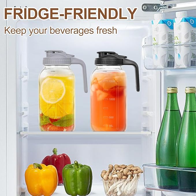 2 Pack 64 oz Glass Pitchers with Lid,2 Quart Sun Tea Glass Jars for Outside,Half Gallon Wide Mouth Mason Jar Pitchers with Convenient Handle and Leak-Proof Design for Ice Tea，Breast Milk，Iced Coffee