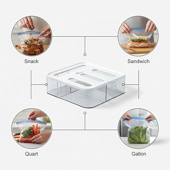 Ziplock Bag Organizer for Drawer | 4 In 1 Plastic Bag Organizer For Gallon, Quart, Sandwich & Snack | Food Bags Dispenser for Kitchen Storage, Wall Mount, Lightweight & Durable