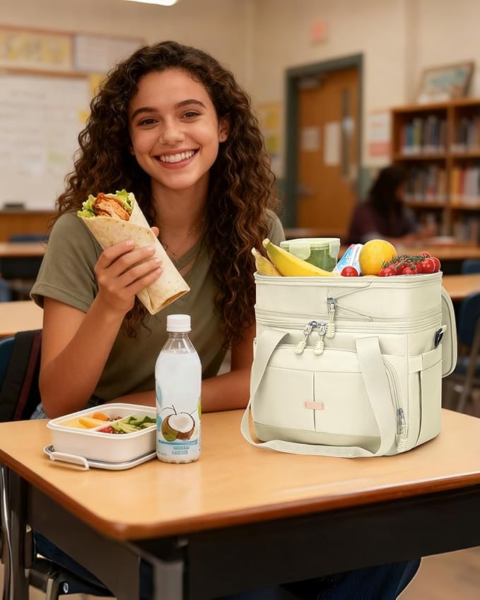 Lunch Box For Men Women Double Deck Insulated Lunch Bag For Men Woman Leakproof Expandable Cooler Bag with Adjustable Shoulder Strap for Work Shool Picnic(Beige,Medium)