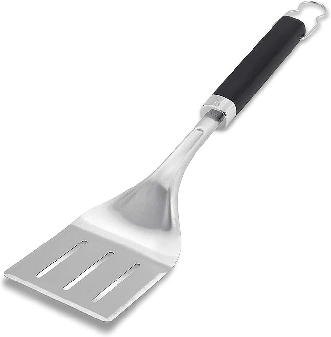 Weber Precision Grill Spatula, Silver – Stainless Steel BBQ Spatula with 3‑Sided Beveled Edge, Non‑Slip Soft‑Touch Handle, Hanging Loop, Dishwasher Safe