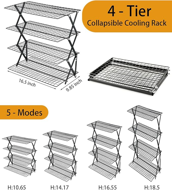 Cooling Racks For Cooking And Baking, 2/3/4-Tier Collapsible Cookie Cooling Rack With Adjustable 3 Setting Design Stackable Roasting Cooking Drying Wire Cooling Rack For Cookies Bread Baking