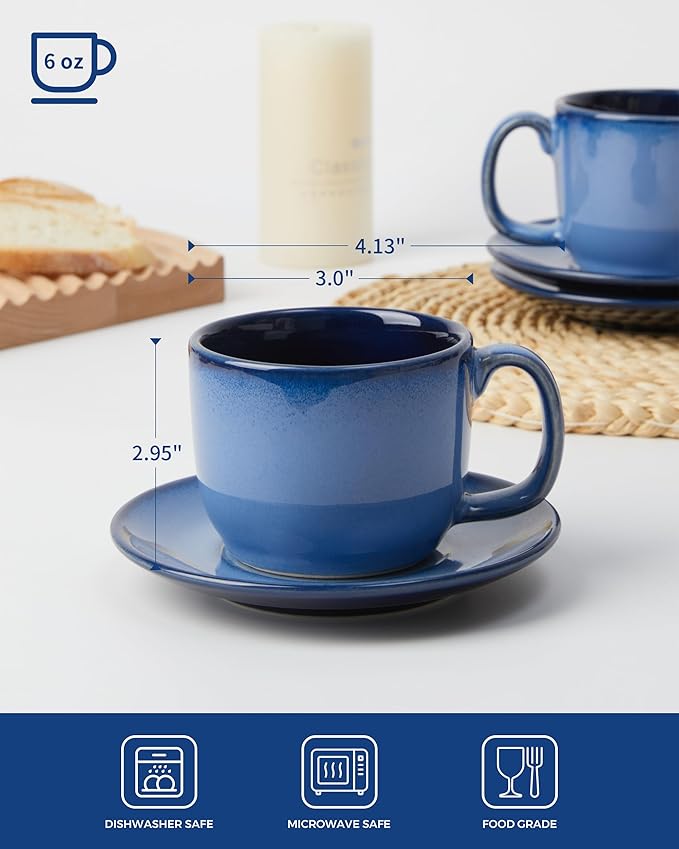 Stoneware Coffee Cups with Saucers, 6 Oz Cappuccino Cups Set of 4, Microwave & Dishwasher Safe, Perfect For Tea, Espresso, Latte, Ceramic Mugs for Kitchen or Cafe, Light Blue