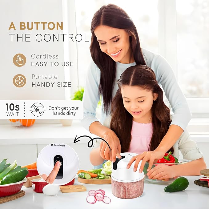 EASYSPEED Electric Garlic Chopper 1Cup, Mini USB-C Charging Food Processor, Garlic Mincer with 3 Stainless Steel Sharp Blades, Portable Kitchen Meat Grinder for Onion, Ginger, Chili, Baby Food, White